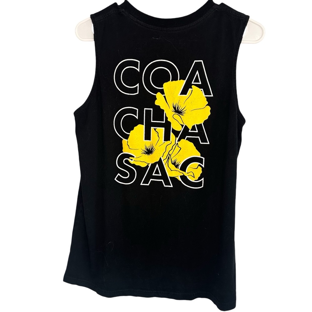 Dutch Bros MEDIUM+LARGE Black COACHA Sacramento Yellow Flowers Sleeveless Muscle